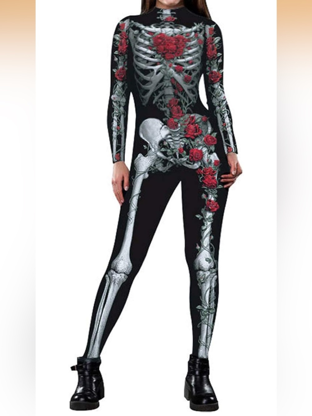 Women’s Skull Print With Roses Bodysuit Costume Halloween Zip Up Small